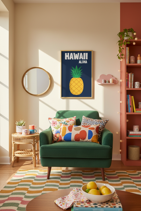 Aloha Hawaii Pineapple Art Print shown framed in a modern room setting