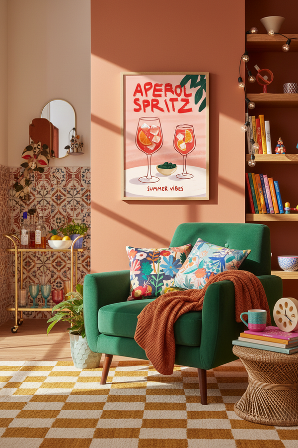 Aperol Spritz Summer Vibes Art Print shown framed in a modern room setting