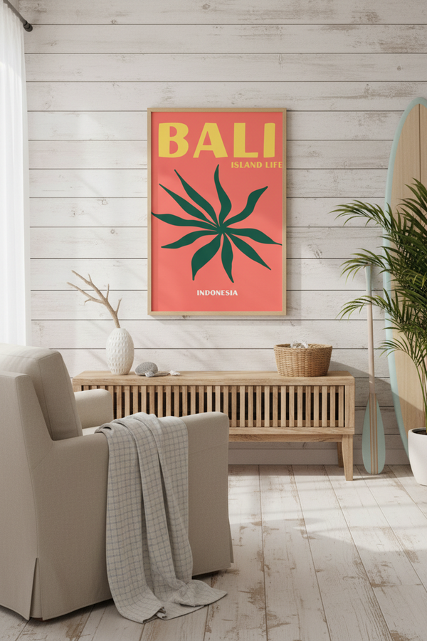 Bali Island Life Travel Art Print shown framed in a modern room setting