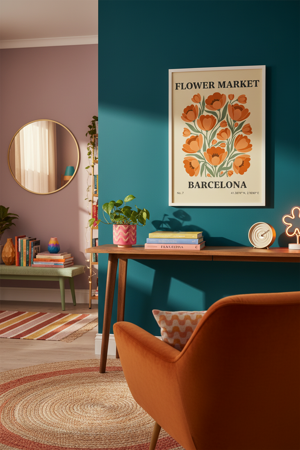 Barcelona Flower Market Art Print shown framed in a modern room setting