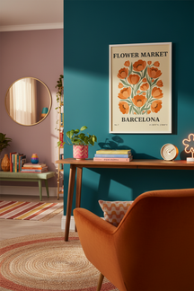Barcelona Flower Market Art Print shown framed in a modern room setting