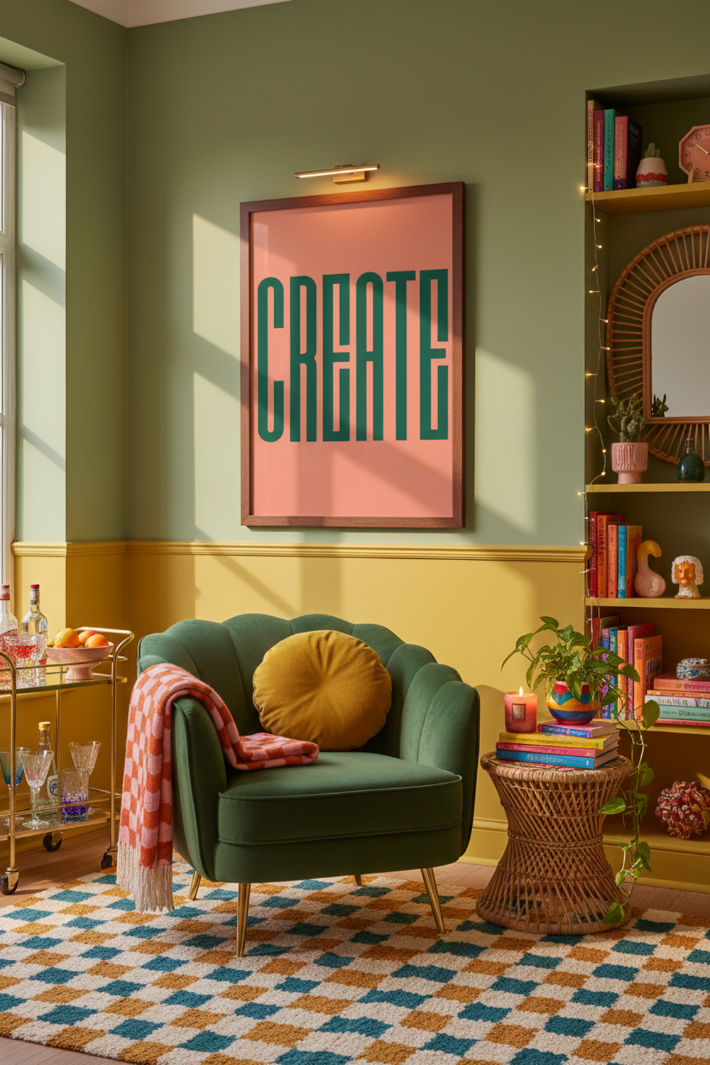 Bold 'Create' Typography Art Print shown framed in a modern room setting