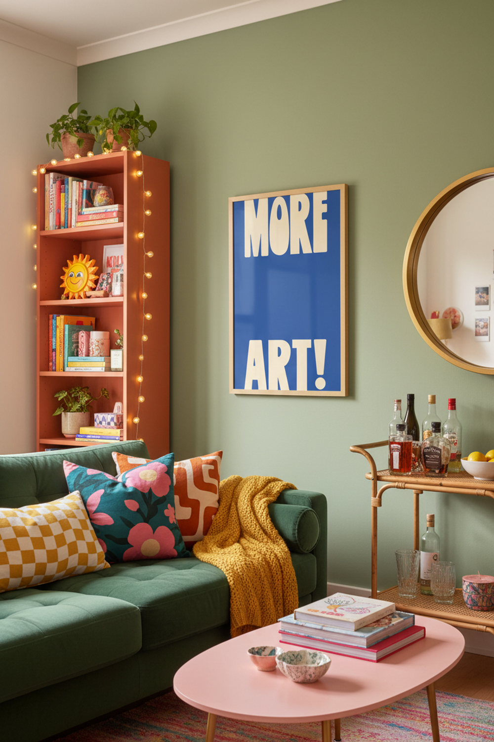 Bold 'More Art!' Typography Art Print shown framed in a modern room setting