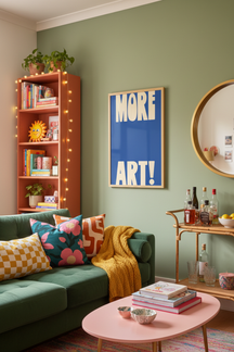 Bold 'More Art!' Typography Art Print shown framed in a modern room setting