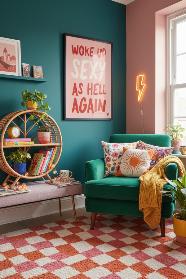 Bold 'Woke Up Sexy' Typography Print shown framed in a modern room setting