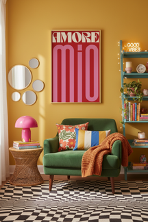 Bold Amore Mio Typography Art Print shown framed in a modern room setting