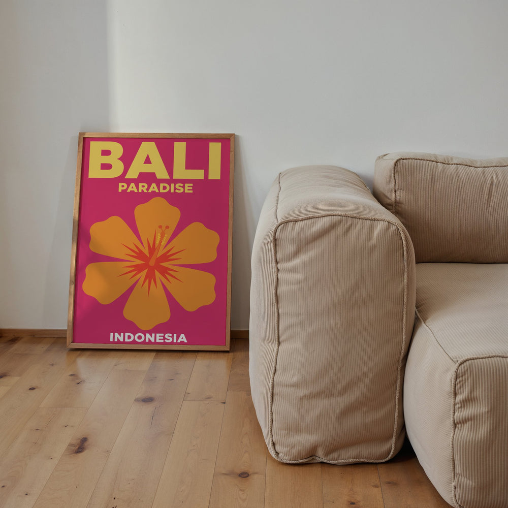 Bold Bali Paradise Travel Art Print shown framed in a modern room setting