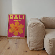 Bold Bali Paradise Travel Art Print shown framed in a modern room setting