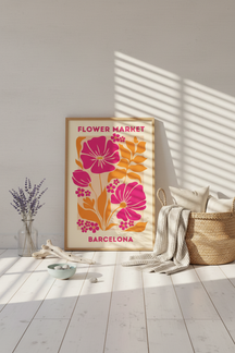 Bold Barcelona Flower Market Art Print shown framed in a modern room setting