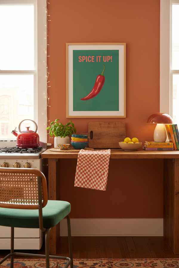 Bold Chilli Pepper Art Print shown framed in a modern room setting