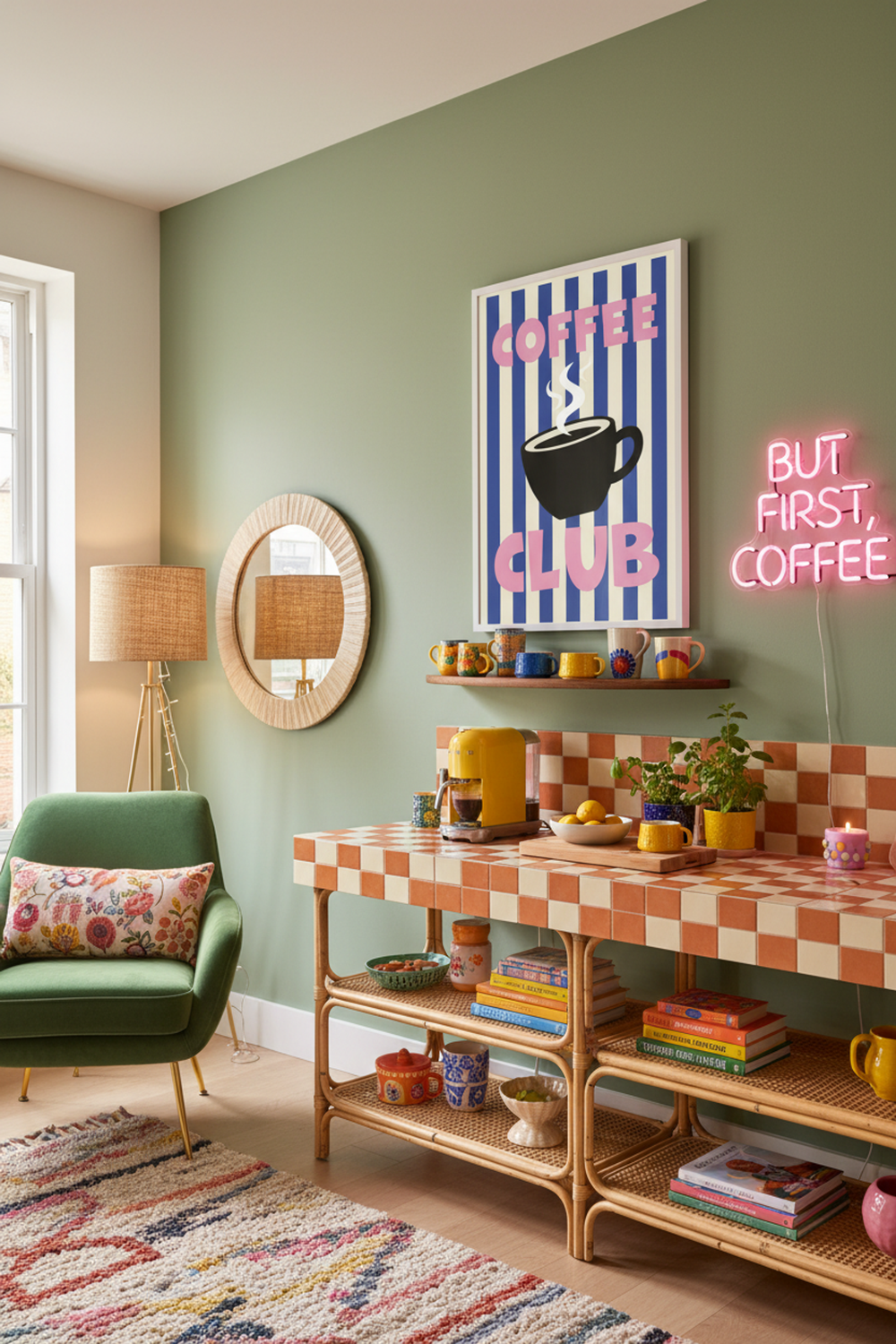 Bold Coffee Club Typography Art Print shown framed in a modern room setting