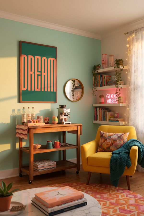 Bold Dream Typography Art Print shown framed in a modern room setting