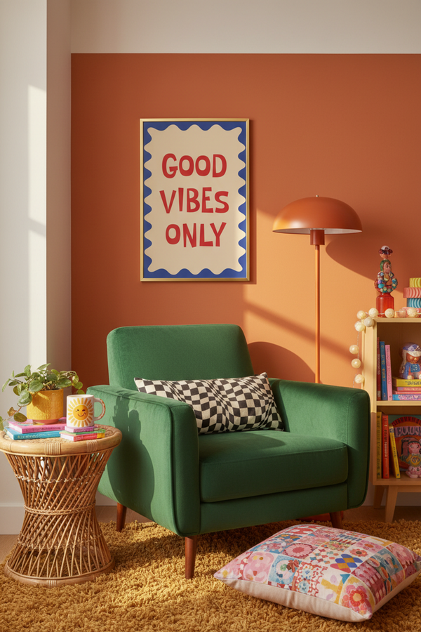 Bold Good Vibes Only Quote Art Print shown framed in a modern room setting