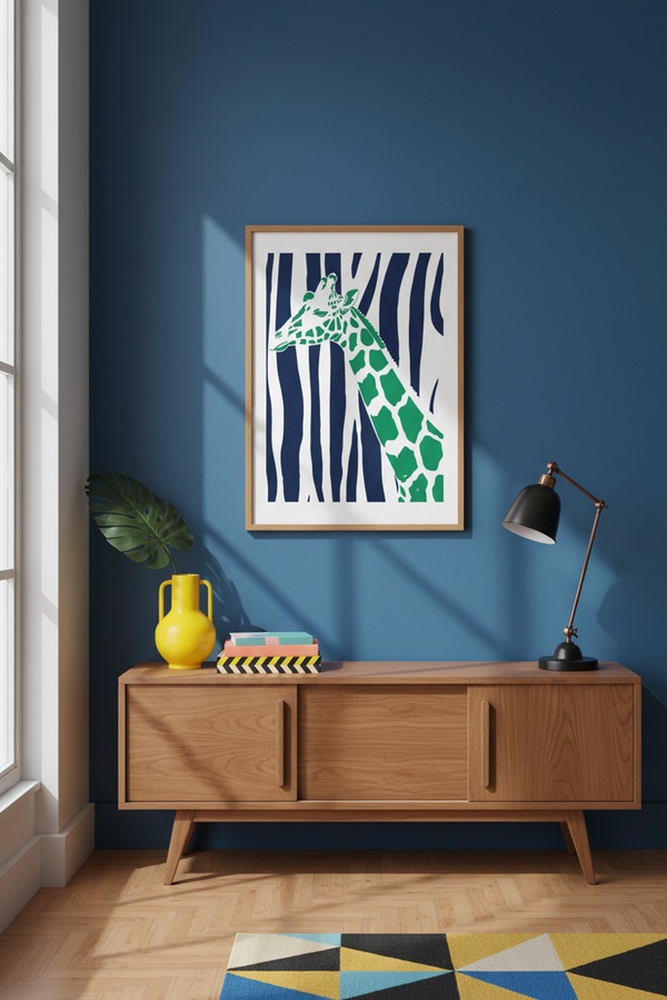 Bold Green Giraffe Art Print shown framed in a modern room setting