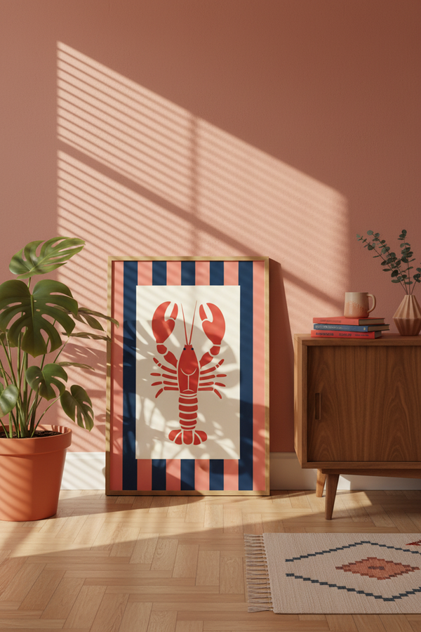 Bold Lobster Graphic Art Print shown framed in a modern room setting