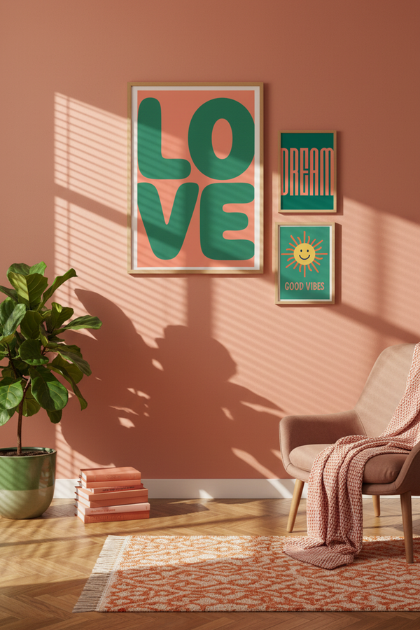 Bold Love Typography Art Print shown framed in a modern room setting