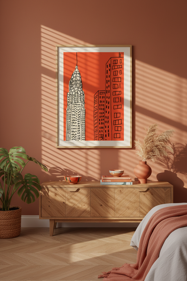 Bold New York Cityscape Art Print shown framed in a modern room setting