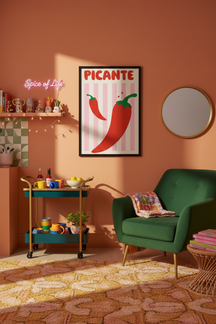 Bold Picante Chilli Pepper Art Print shown framed in a modern room setting