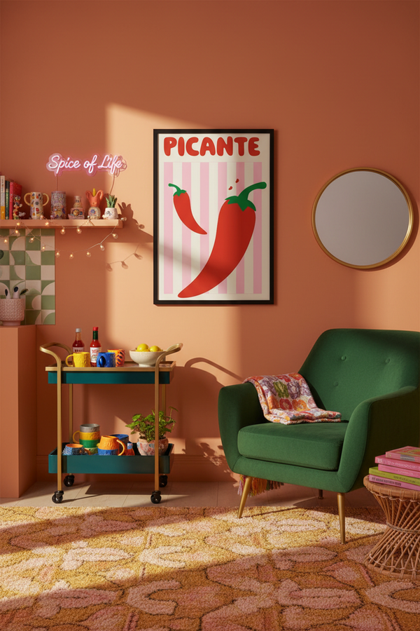 Bold Picante Chilli Pepper Art Print shown framed in a modern room setting