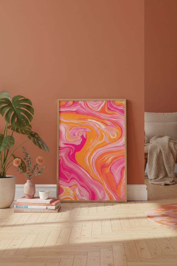 Bold Pink Orange Marble Art Print shown framed in a modern room setting