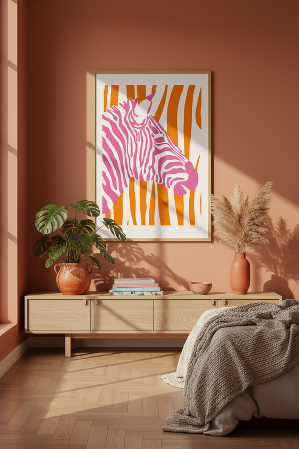 Bold Pink Zebra Pop Art Print shown framed in a modern room setting