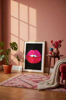 Bold Pop Art Lips Art Print shown framed in a modern room setting