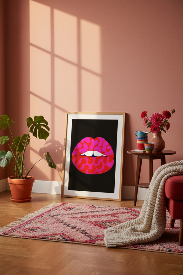 Bold Pop Art Lips Art Print shown framed in a modern room setting