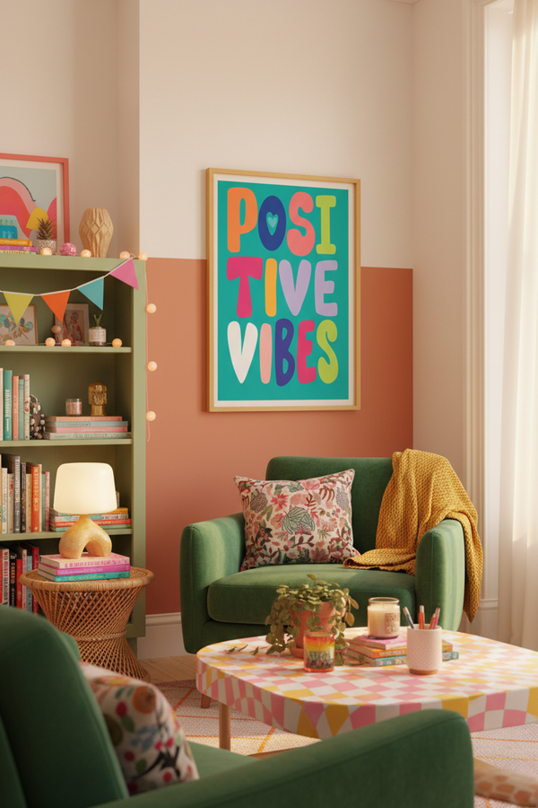 Bold Positive Vibes Typography Art Print shown framed in a modern room setting