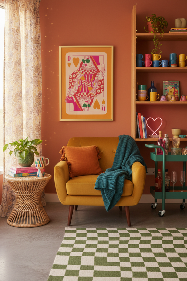 Bold Queen of Hearts Art Print shown framed in a modern room setting