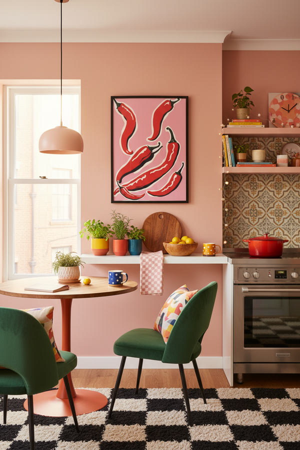 Bold Red Chilli Pepper Art Print shown framed in a modern room setting