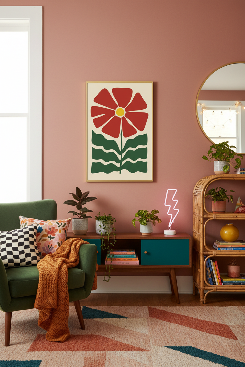 Bold Red Flower Illustration Art Print shown framed in a modern room setting