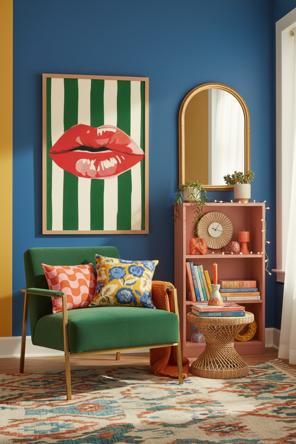 Bold Red Lips Pop Art Print shown framed in a modern room setting