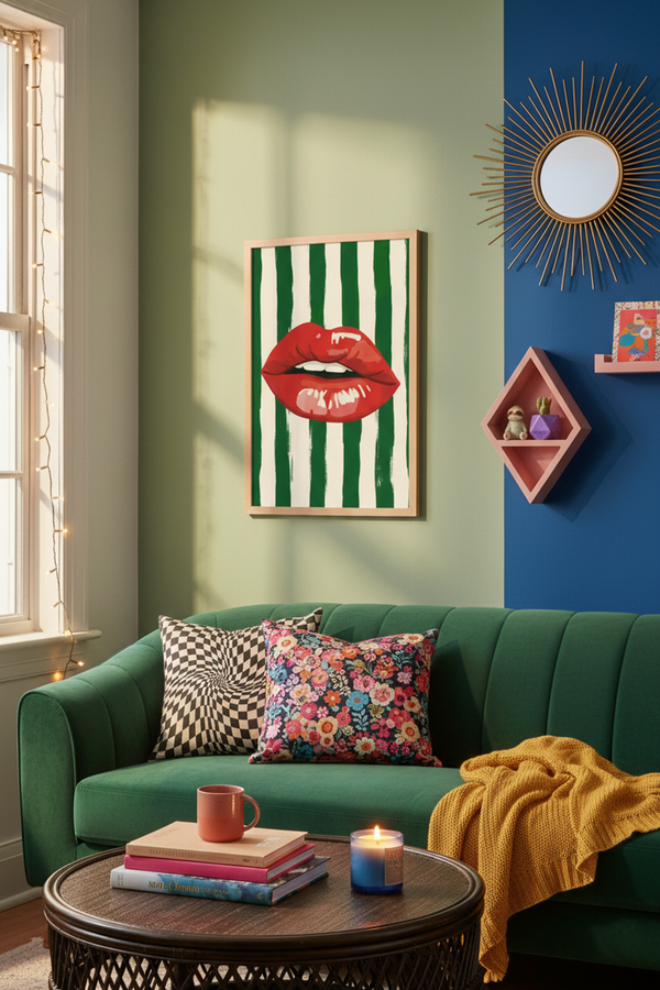 Bold Red Lips Pop Art Print shown framed in a modern room setting