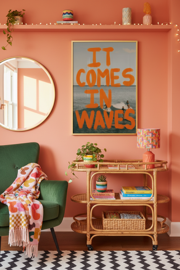 Bold Surfer Quote Art Print shown framed in a modern room setting