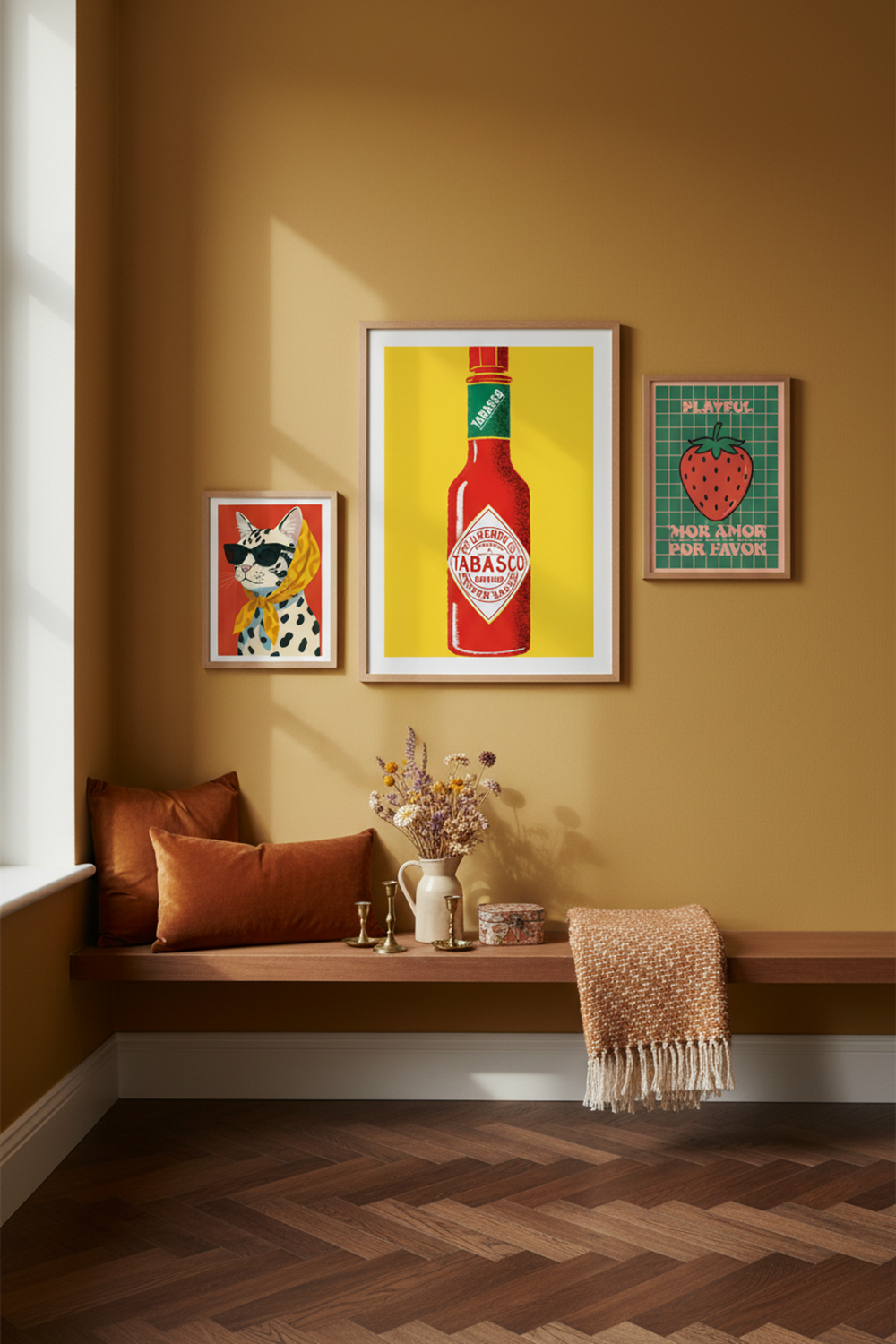 Bold Tabasco Bottle Art Print as part of a gallery wall arrangement