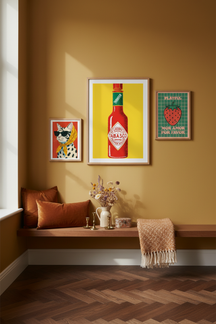 Bold Tabasco Bottle Art Print as part of a gallery wall arrangement