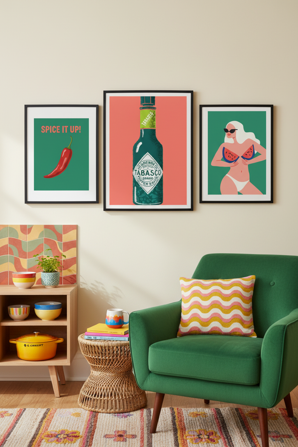Bold Tabasco Bottle Art Print as part of a gallery wall arrangement