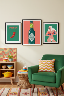 Bold Tabasco Bottle Art Print as part of a gallery wall arrangement