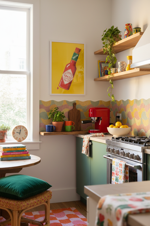 Bold Tabasco Bottle Art Print shown framed in a modern room setting