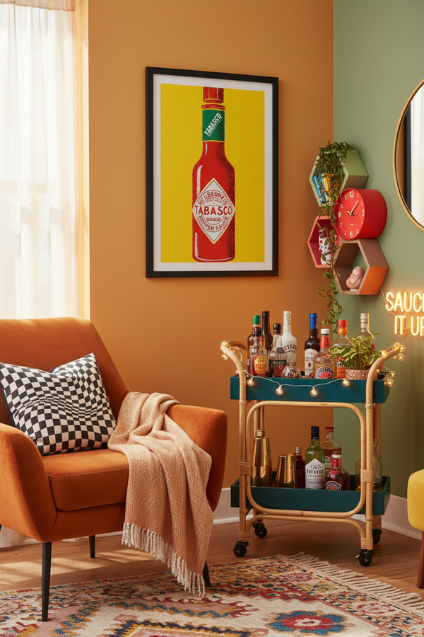 Bold Tabasco Bottle Art Print shown framed in a modern room setting