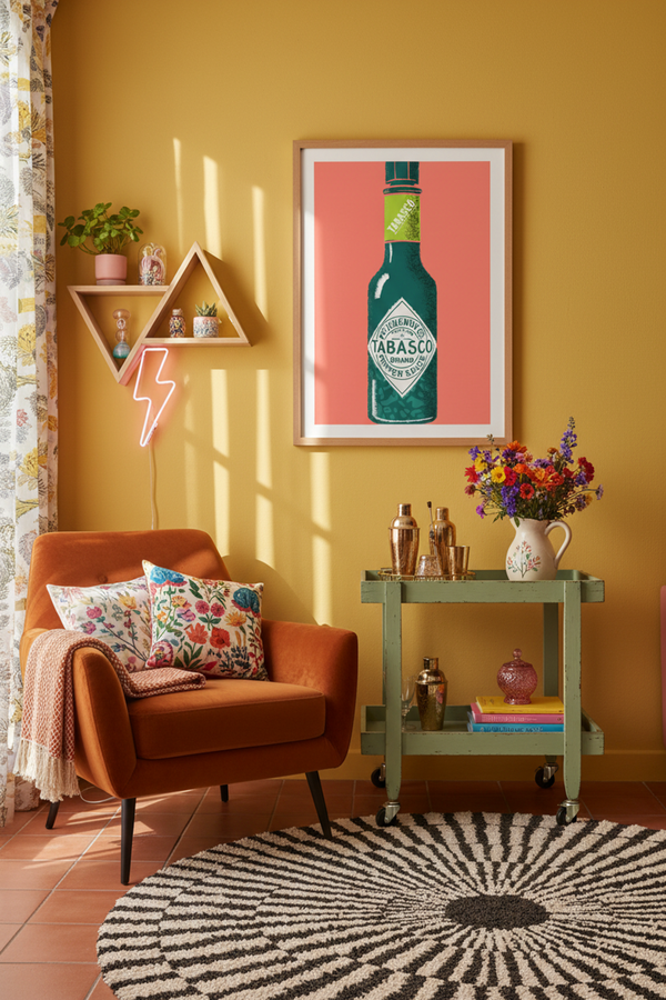 Bold Tabasco Bottle Art Print shown framed in a modern room setting