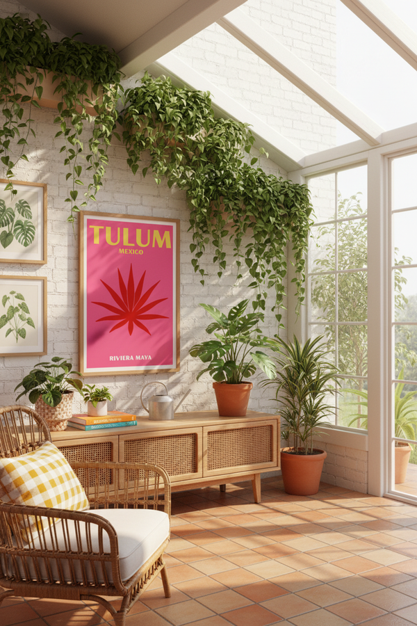 Bold Tulum Mexico Travel Art Print shown framed in a modern room setting