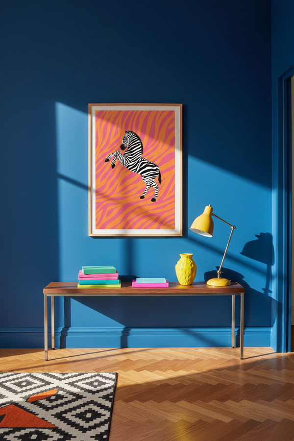 Bold Zebra Pop Art Print shown framed in a modern room setting