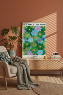 Botanical Garden Paris Flower Art Print shown framed in a modern room setting