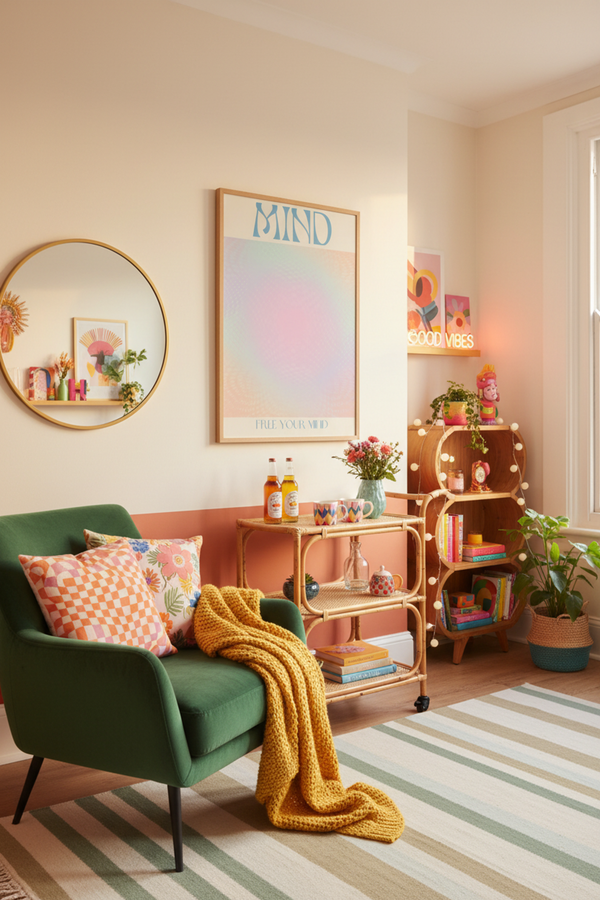 Calm Pastel Gradient Typography Print shown framed in a modern room setting
