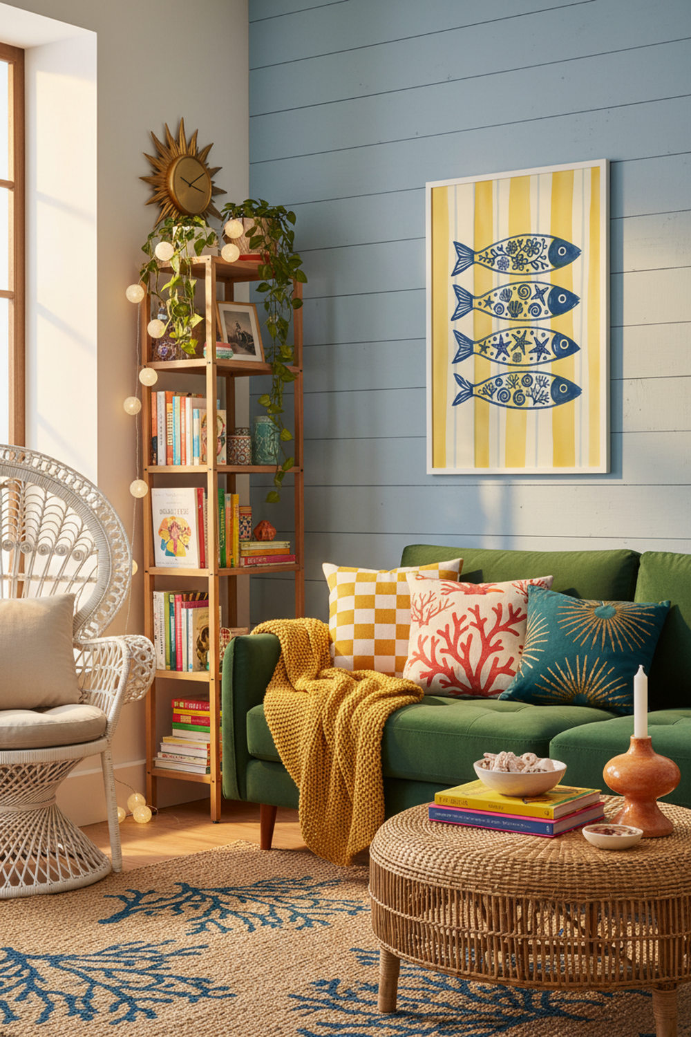 Charming Blue Fish Pattern Art Print shown framed in a modern room setting