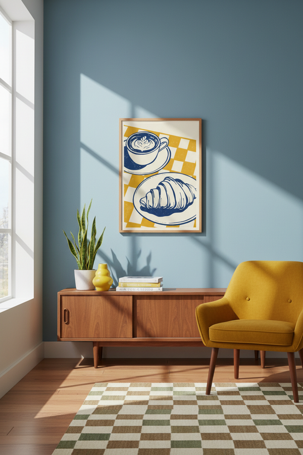 Charming Coffee & Croissant Art Print shown framed in a modern room setting