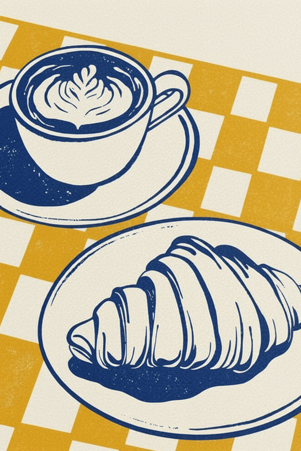 Charming Coffee & Croissant Art Print – wall art print by LOUDHAUS