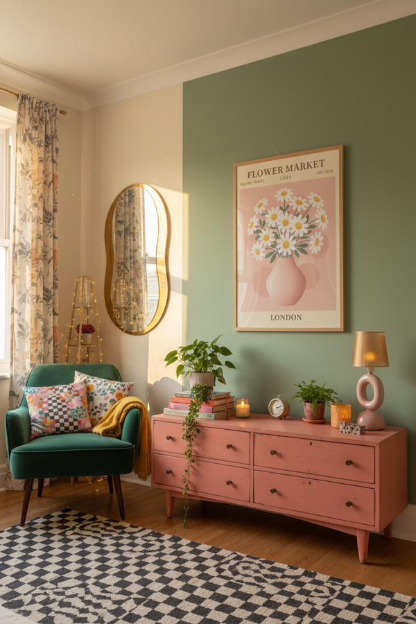 Charming Daisy Bouquet Art Print shown framed in a modern room setting