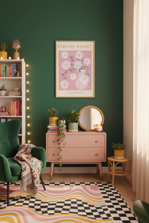 Charming Daisy Flower Market Art Print shown framed in a modern room setting